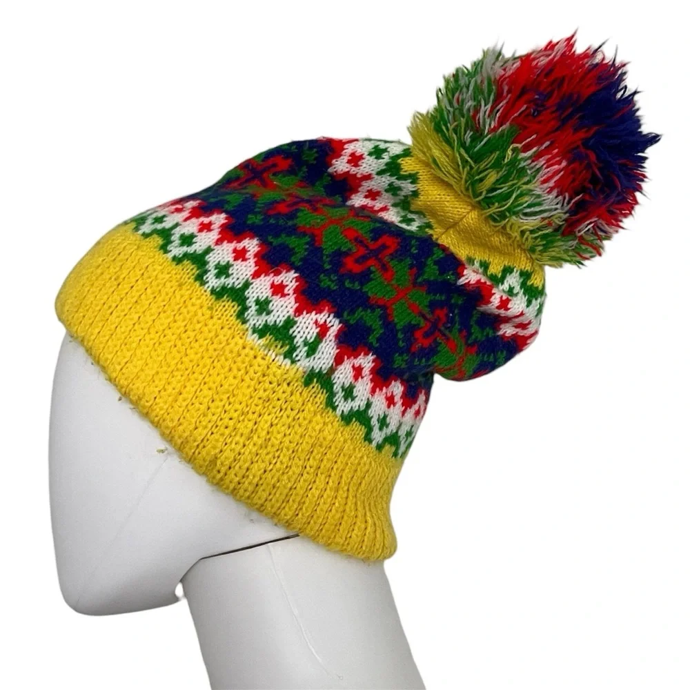 Vintage Wigwam Beanie Toque Multicolor Knit Pom Pom Colorful Winter Outdoor - Picture 4 of 4